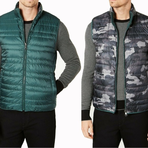 Michael Kors 2 in 1 Camo Green Reversible Packable Down Vest Jacket - Picture 1 of 14